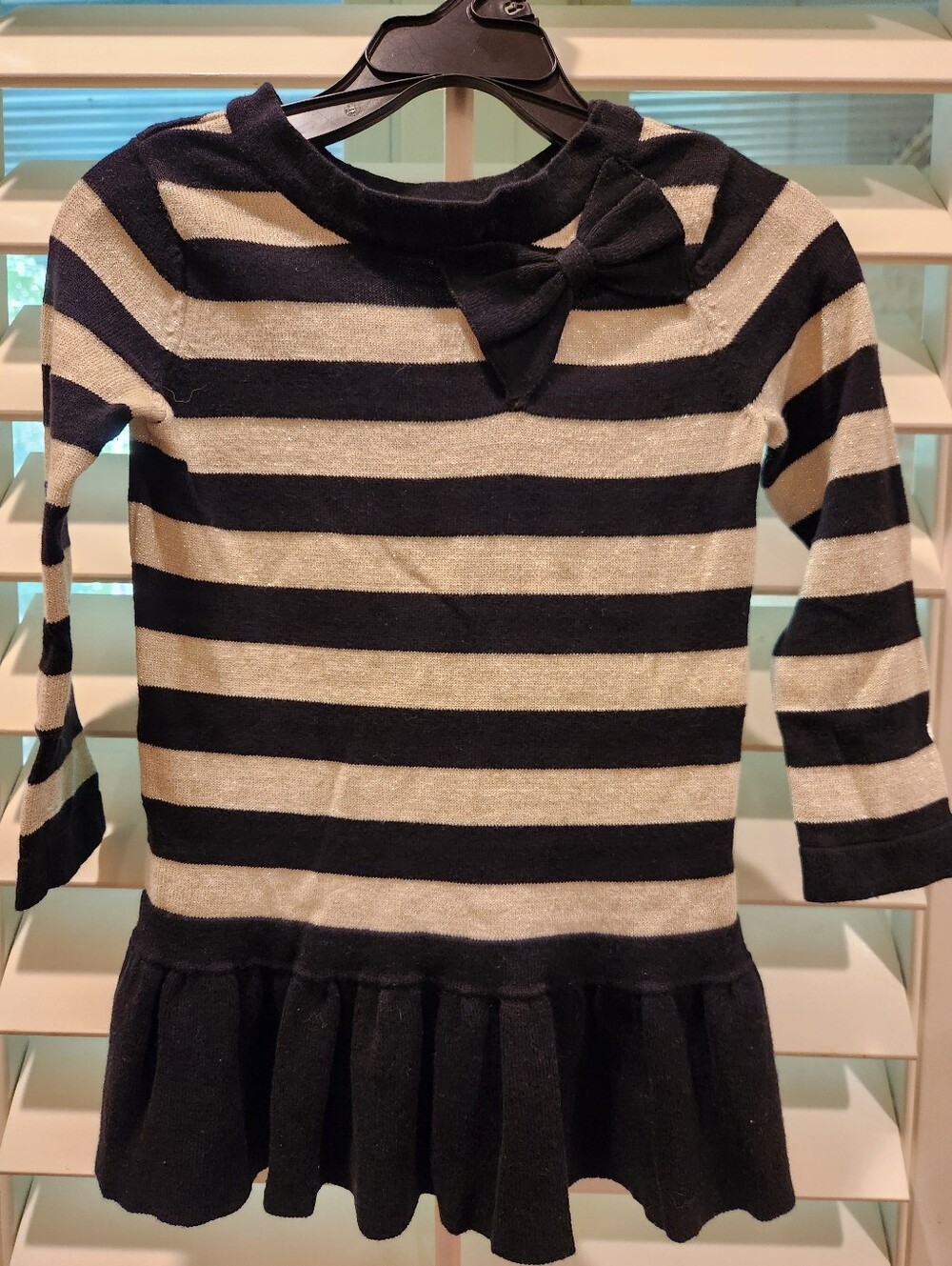 Baby GAP Girls Black and Cream Striped Knit Dress with Bow, Size 18-24M